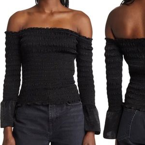 NWT $388 FRAME Smocked Off the Shoulder black top / blouse size medium